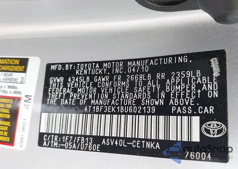 2011 Toyota Camry Le z USA, uszkodzony, nr VIN 4T1BF3EK1BU602139